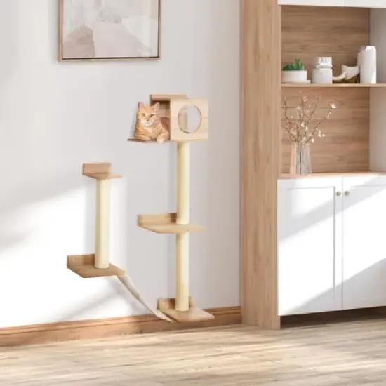 MaseiKar Wall-Mounted Multi-Level Cat Tree Activity Tower with Sisal-Covered Scratching Posts & an Interior Condo Area image {7}