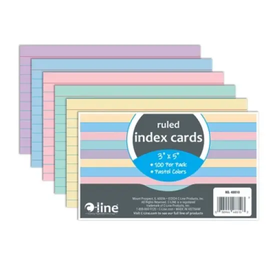 C-Line&reg; Index Cards, 3" x 5", Assorted Colors, Ruled, 100 Per Pack, 10 Packs image {1}