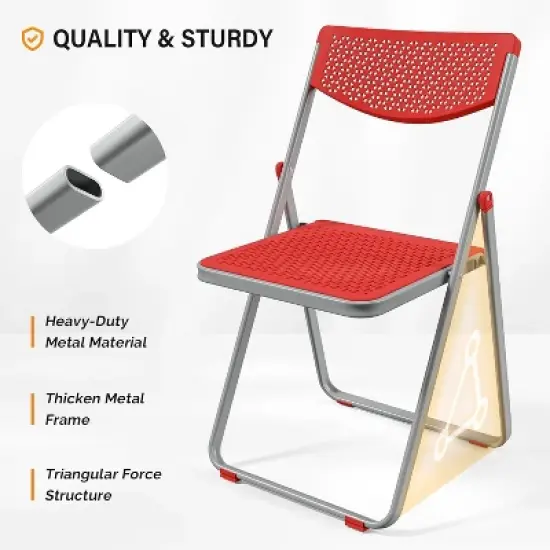 VINGLI Plastic Folding Chairs, Comfortable Foldable Chair with Breathable Mesh Seat and Sturdy Metal Frame, for Indoor and Outdoor Use, Red image {3}