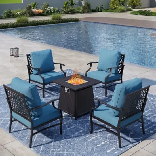 Captiva Designs 5pc Metal Patio Outdoor Conversation Fire Pit Set with Grid-back Armchairs for Garden, Poolside, Backyard image {10}