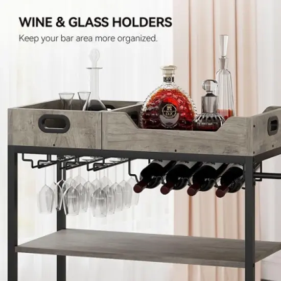 TROPOW 2-Portable-Tray Home Bar Cart | 3-Tier Rolling Bar Cart with Wheels, Wine Rack & Glass Holder image {5}