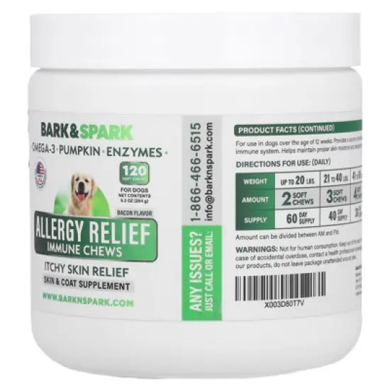 Bark&Spark Allergy Relief Immune Chews, Itchy Skin Relief, For Dogs, Bacon Flavor, 120 Soft Chews, 9.3 oz (264 g) image {3}