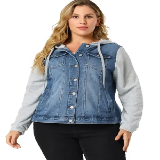 Agnes Orinda Women's Plus Size Denim Hood Drawstring Fall Winter Button Jean Jackets image {3}