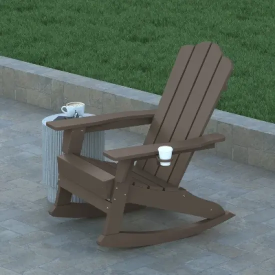 Emma and Oliver Adirondack Rocking Chair with Cup Holder, Weather Resistant HDPE Adirondack Rocking Chair in Brown image {2}