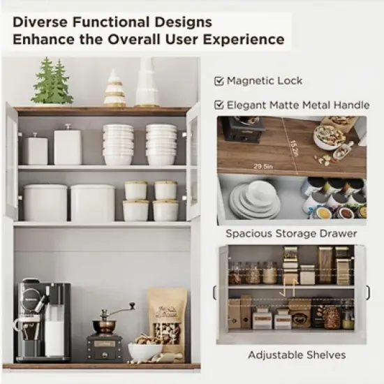 71" Kitchen Pantry Cabinet with Microwave Stand - Freestanding Coffee Bar Storage with Glass Doors & Adjustable Shelves for Dining Room white image {6}
