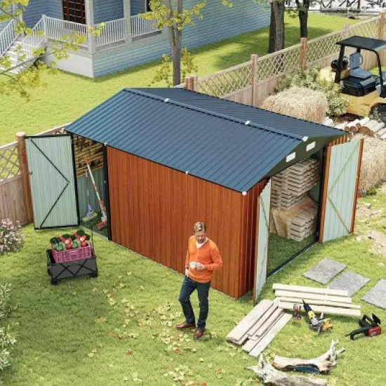 9&times;11 FT Metal Storage Shed with 3 Lockable Doors and 4 Vents, Outdoor Utility Garden Tool Shed, Steel Waterproof Backyard Storage Shed-Coolbibila image {8}