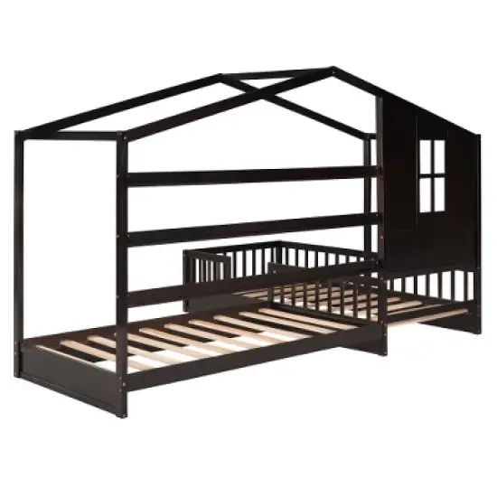 2 Twin Size L Structure Wood House Bed with Fence and Slatted Frame, White/Gray/Espresso, 4W -ModernLuxe image {6}