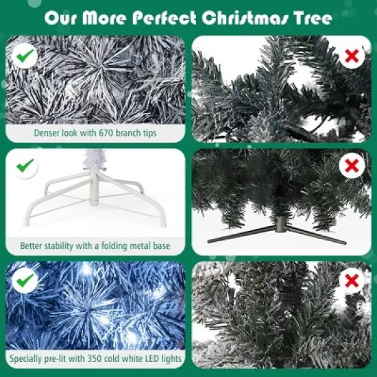 Costway 7 FT Pre-Lit Christmas Tree Hinged Slim Pencil w/ 350 LED Lights 670 Branch Tips image {6}