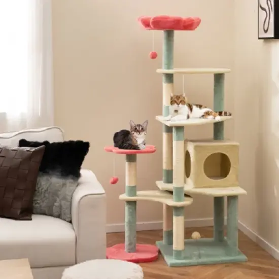 Costway 61&rdquo; Tall Cat Tree Multi-Level Aesthetic Floral Kitten Tower Indoor Cat Climbing Stand Activity Center image {4}