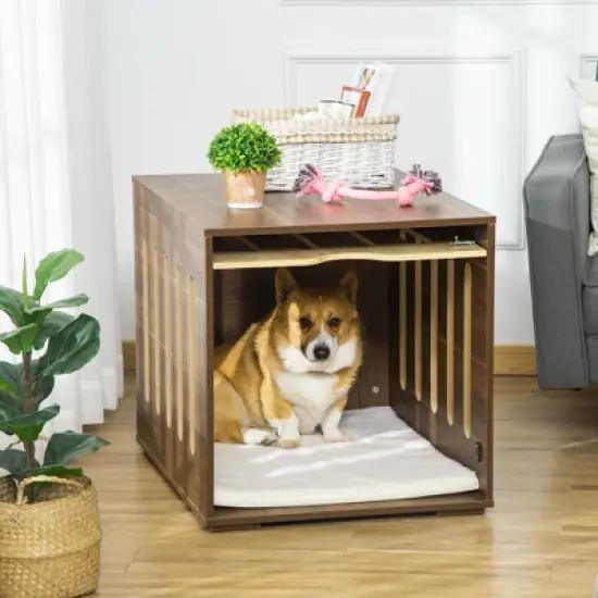 PawHut Furniture Style Dog Crate End Table with Removable Door Panel, Dog Crate Bed with Foam Cushion, Safety Lock, Indoor Use, for Small & Medium Dogs, Brown image {2}