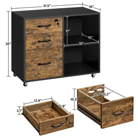 Yaheetech Vintage Mobile Letter Size Rolling File Cabinet with Drawer and Open Shelf for Home Office image {3}
