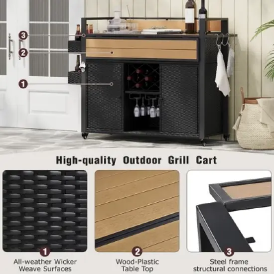 Wooakway 53"W Outdoor Grill Cart with Wheels Black Brown Wicker Rolling Kitchen Island with Storage and Extension Tabletop image {2}