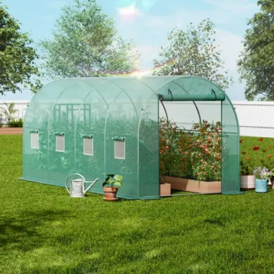 VEVOR Walk-in Tunnel Greenhouse, 14.6x6.4x6.3 ft Hoop House Greenhouse Tunnel with Galvanized Steel Frame, Green PE Cover, Roll-up Zipper Door image {1}