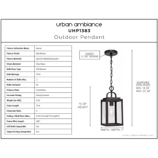 Urban Ambiance Luxury Farmhouse Outdoor Pendant 15.375''H x 7''W,  Olde Bronze Finish,  Macon Collection, UHP1383 image {2}