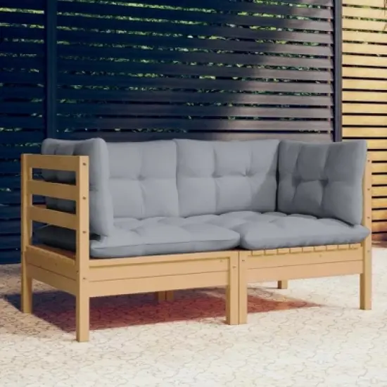 vidaXL 2-seater Garden Sofa Grey Solid pine wood, 100% polyester fabric image {1}