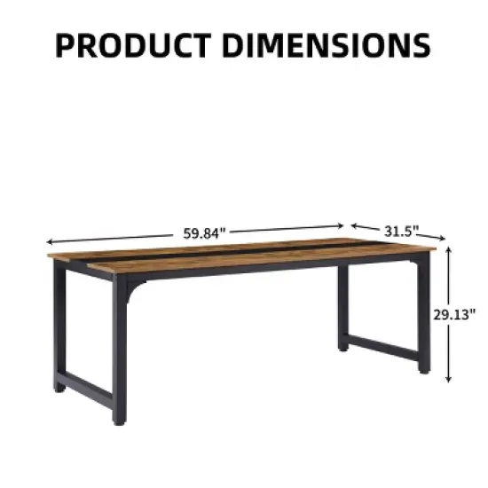 GlasFlength Desks Metal Frame Rustic Computer Desk Gaming Desk Home Office Desk Simple Design for Small Spaces, Brown, 59.84"*31.5"*29.13" image {4}