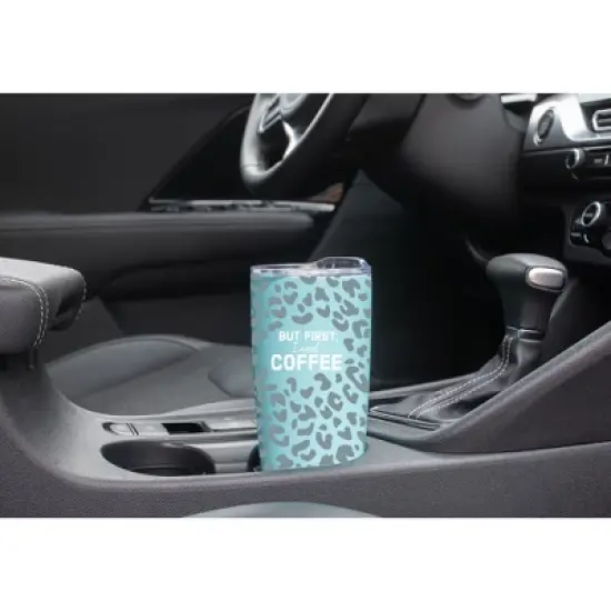 100 North 20 Ounce Stainless Steel On the Go Travel Tumbler With Push Top Lid, First I Need Coffee Teal image {2}