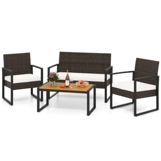 Costway 4 Piece Patio Furniture Set with Cushioned Chairs & Wood Plastic Coffee Table image {1}
