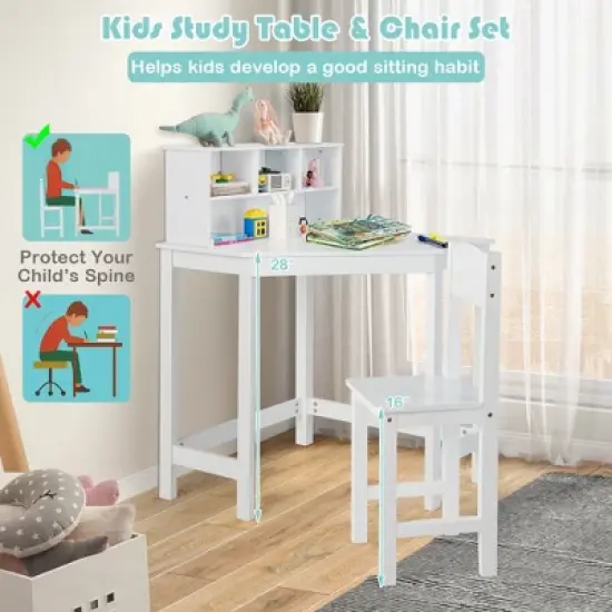 Costway Kids Corner Desk & Chair Set Wooden Study Writing Workstation with Storage & Hutch image {7}