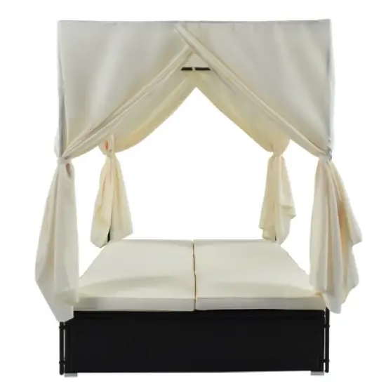 Outdoor Patio Rattan Canopy Daybed Sunbed with Curtain and Adjustable Seat image {2}