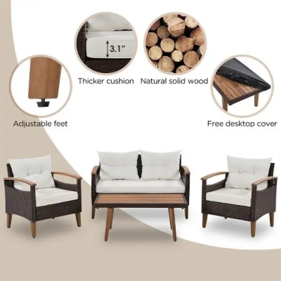 ELJGET 4PCS Patio Furniture Set Rattan Wicker Conversation Set with Wooden Coffee Table & Beige Cushions image {3}