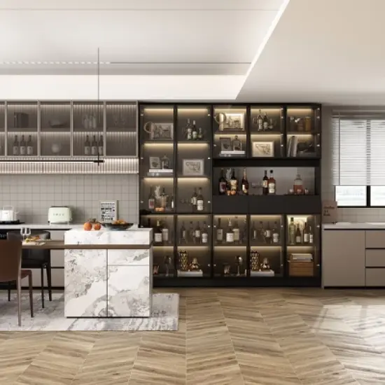 Famapy Black 78.7"W Large Combo Storage Cabinet Spacious Pantry With Light Modular Display Cabinet image {9}