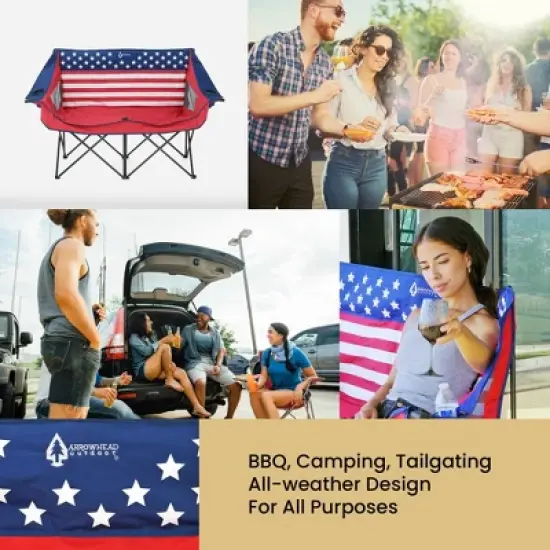 Arrowhead Outdoor Portable Folding Double Duo Camping Chair Loveseat Couch w/ 2 Cup & Wine Glass Holder, Supports up to 500lbs (American Flag) image {5}