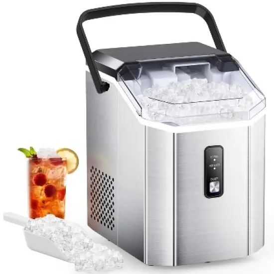 R.W.FLAME Nugget Ice Maker Countertop, Portable Ice Maker Machine with Handle, Self-Cleaning, with Ice Scoop and Basket, Stainless Steel Silver image {1}