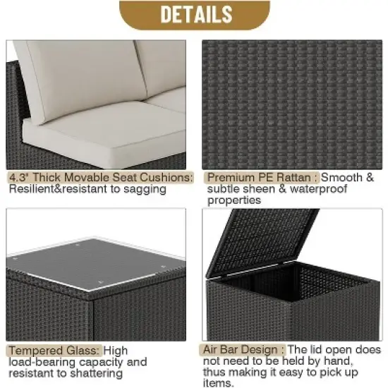 Garvee 8-Piece Outdoor Patio Furniture Set - 6 Seat Rattan Patio Conversation Sets with Glass Coffee Table and Hidden Storage Box image {6}
