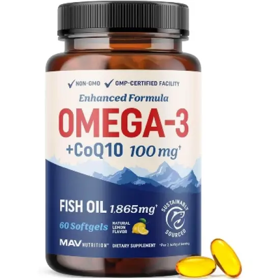 Omega 3 Fish Oil + CoQ10 Softgels, Omega-3 with CoQ10 Supplement for Heart Health, Cellular Energy, & Antioxidant Support, Lemon, MAV Nutrition, 60ct image {9}