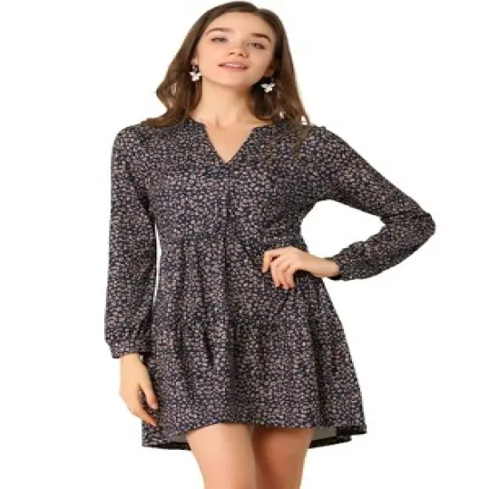 Allegra K Women's Spring Floral Long Sleeves V Neck Casual Babydoll Tiered Dress image {7}