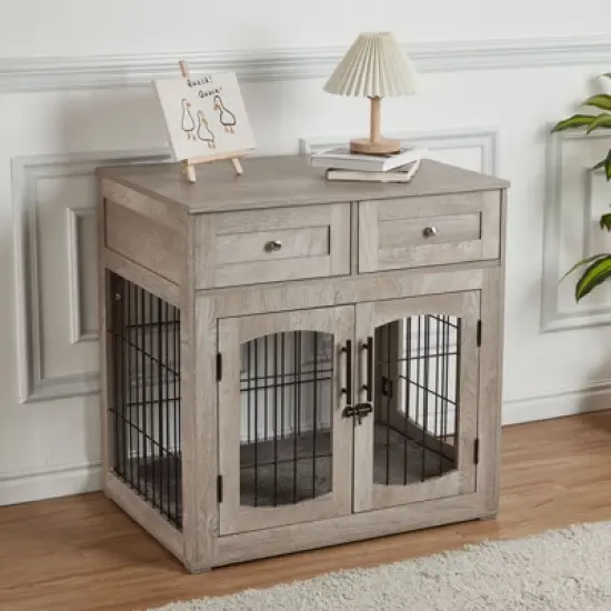 Dog Crate Furniture with Drawers,31.5'' Large Dog Crate with Cushion,Wooden Dog Kennel for Medium/Small Dog,Dog Crate End Table Up to 70 Lbs image {5}