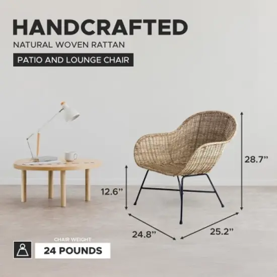 texxture Ormond Woven Rattan Patio and Lounge Chair, Indoor Outdoor Accent Furniture for Table or Porch with Metal Legs, Natural image {1}