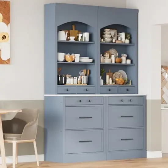 Set of 2, 83.7"H Freestanding Kitchen Pantry Cabinet with Faux Marble Top, 5 Storage Drawers and Adjustable Shelves for Dining-The Pop Home image {7}