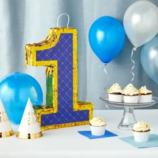 Blue Panda Small Royal Blue and Gold Number 1 Pinata with Pull Strings for 1st Birthday Party Table Decorations, 16.5 x 10.6 x 3 in image {1}