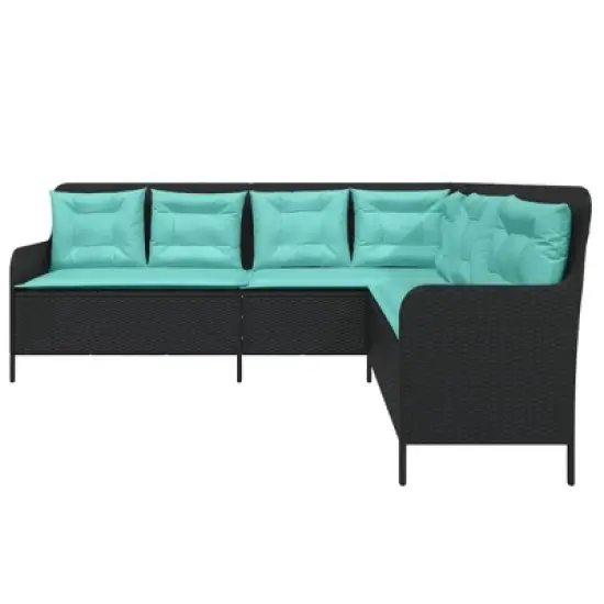 vidaXL Outdoor L-Shaped Garden Sofa - Black Poly Rattan Patio Couch with Turquoise Cushions - 87"x64.2" image {3}