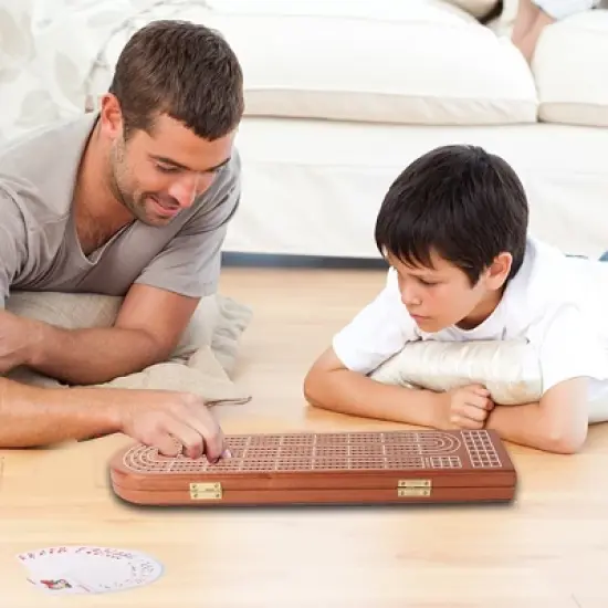 GSE 3-Track Wooden Cribbage Board Game with Playing Cards, 9 Metal Pegs, and Storage Area for Family Game image {6}