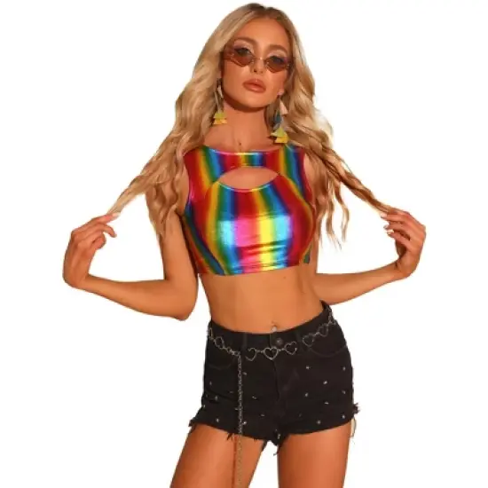 Allegra K Women's Metallic Crop Shiny Sleeveless Cut Out Party Clubwear Holographic Tank Tops image {14}