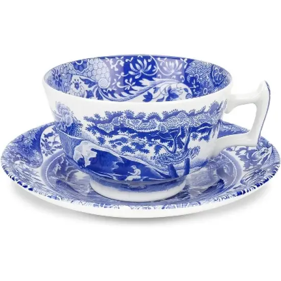 Spode Blue Italian 20oz Jumbo Cup & Saucer Set - Scenic Motif & Decorative Border - Elegant Hot Beverage Mug for Tea, Coffee image {8}
