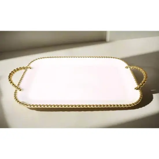 Classic Touch Porcelain White Tray with Gold Beaded Borders and Handles, 19"L image {2}