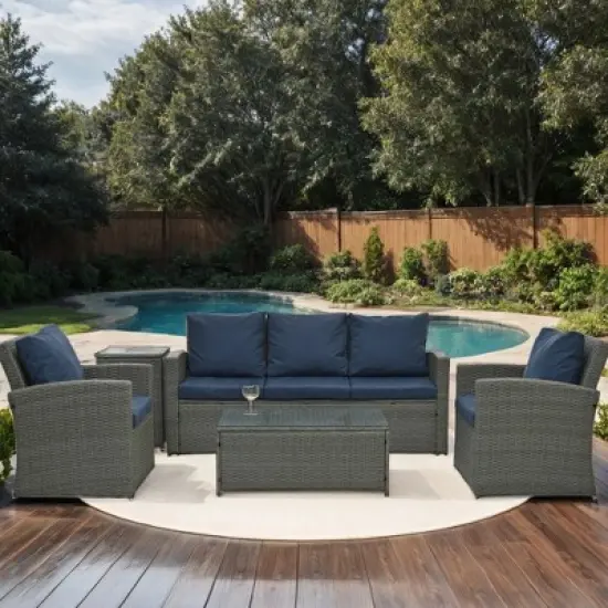 ELJGET Patio Furniture Set, 5 PCS Wicker Outdoor Conversation Set with 2 Coffee Tables for Backyard, Poolside, Garden image {3}