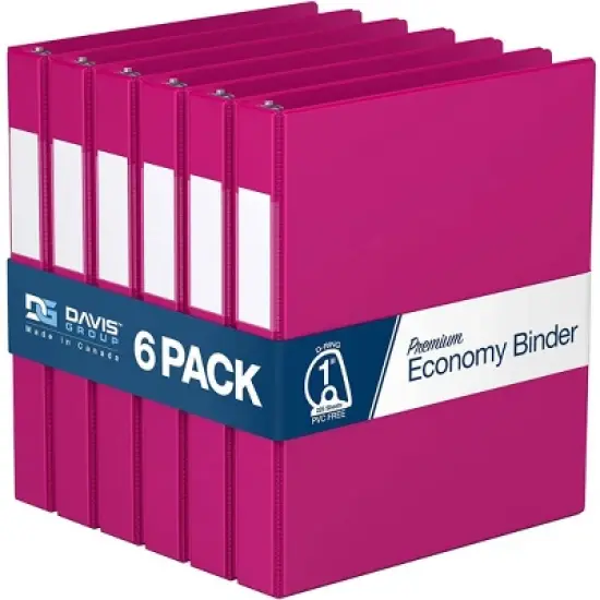 Premium Economy 1" Angle D Ring Binder 6pk Pink: Davis Group, Hard Cover, 225 Sheet Capacity, 2 Pockets, Polypropylene image {8}