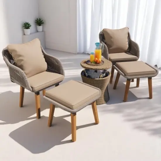 5-Piece Outdoor Patio Furniture Set with PP Rope Weaving Chairs, Pop-Up Cool Bar Table, and Acacia Wood Feet image {9}