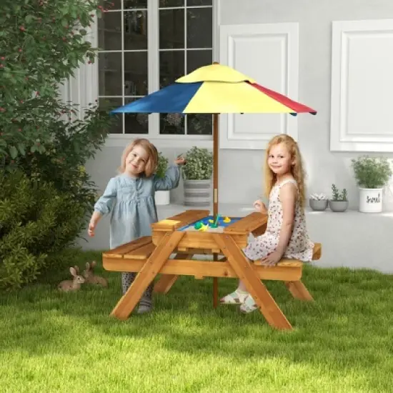 Outsunny Kids Picnic Table, 3 in 1 Sand and Water Activity Table w/ Foldable Umbrella, 2 Play Boxes, Removable Top, Aged 3-6 Years Old, Teak image {1}