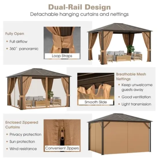 Costway 12' x  10' Patio Hardtop Gazebo W/ Galvanized Steel Top Aluminum Frame Outdoor image {8}