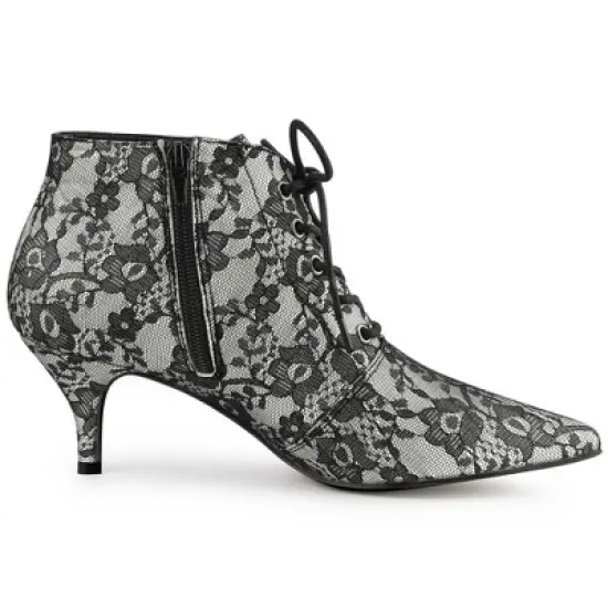 Allegra K Women's Pointed Toe Lace Up Stiletto Kitten Heel Lace Booties image {5}
