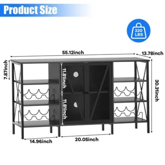 Wine Cabinet with LED Lighting, Metal Sideboard & Stemware Rack, Rustic Buffet Console for Living Room image {2}