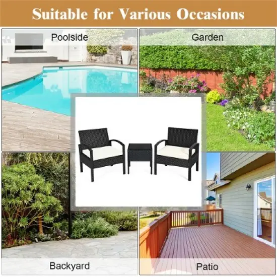 Costway 3PCS Patio Rattan Furniture Set Table & Chairs Set with Thick Cushions Garden image {6}