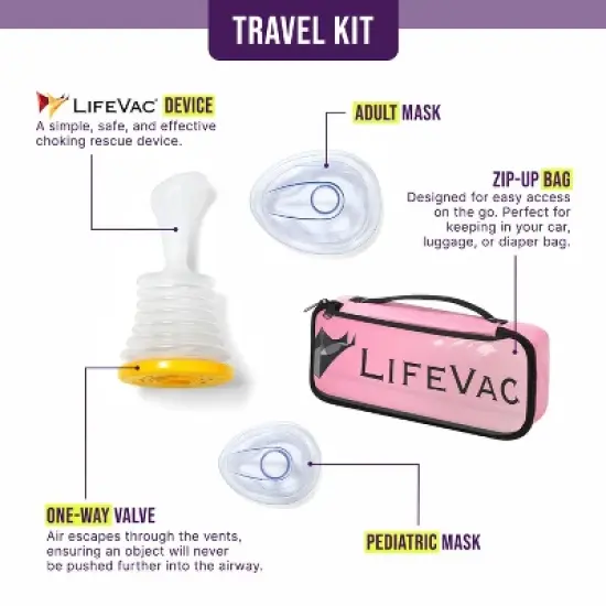 LifeVac Pink Travel Kit - Portable Suction Rescue Device, First Aid Kit for Kids and Adults, Portable Airway Suction Device for Children and Adults image {1}