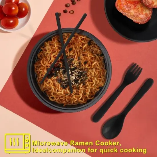 Itopfox Ramen Bowl Set with Chopsticks and Spoon, Microwave Pasta Cooker, College Dorm Essentials for Girls and Guys (Black) image {5}